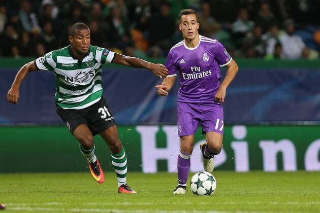 November 22, 2016 - Lisbon, Aveiro, Portugal - Sportings defender Marvin Zeegelaar from Holland (L) and Real Madrids forward Lucas Vazquez from Spain (R) in action during the UEFA Champions League match between Sporting Clube de Portugal and Real Madrid at Estadio Jose Alvalade on November 22, 2016 in Lisbon, Portugal. Sporting CP v Real Madrid - UEFA Champions League 2016 17  - ZUMAn230 20161122_zaa_n230_433