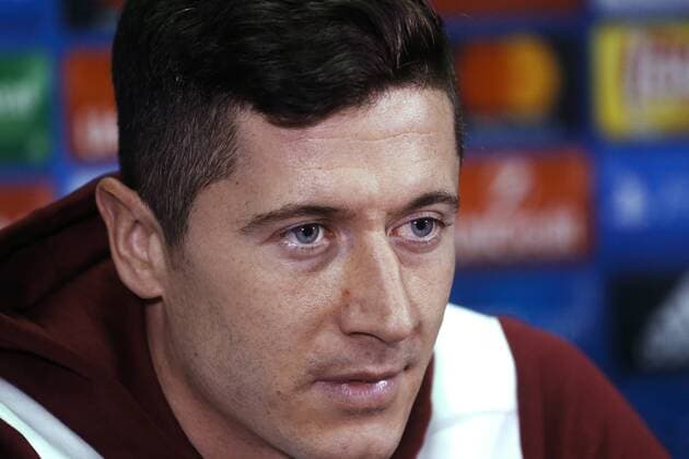 ROSTOV-ON-DON, RUSSIA - NOVEMBER 22, 2016: Bayern Munich s forward Robert Lewandowski gives a press conference PK Pressekonferenz ahead of a UEFA Champions League Group D football match between FC Rostov and Bayern Munich. Valery Matytsin TASS  TS0387B1