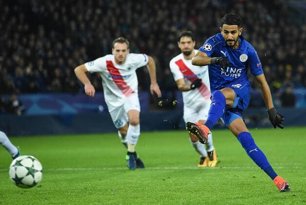 LEICESTER, Nov. 22, 2016 -- Riyad Mahrez (R) of Leicester City scores during the UEFA Champions League Group G Match between Leicester City and Club Brugge at the King Power Stadium in Leicester, Britain on Nov. 22, 2016. Leicester City won 2-1. )(wll) (SP)BRITAIN-LEICESTER-SOCCER-UEFA CHAMPIONS LEAGUE-LEICESTER CITY VS CLUB BRUGGE JonxBuckle 