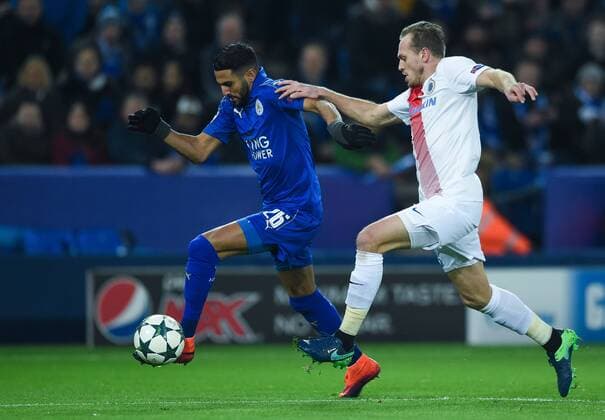 LEICESTER, Nov. 22, 2016 -- Riyad Mahrez(L) of Leicester City vies with Laurens De Bock of Club Brugge during the UEFA Champions League Group G Match between Leicester City and Club Brugge at the King Power Stadium in Leicester, Britain on Nov. 22, 2016. Leicester City won 2-1. )(wll) (SP)BRITAIN-LEICESTER-SOCCER-UEFA CHAMPIONS LEAGUE-LEICESTER CITY VS CLUB BRUGGE JonxBuckle 