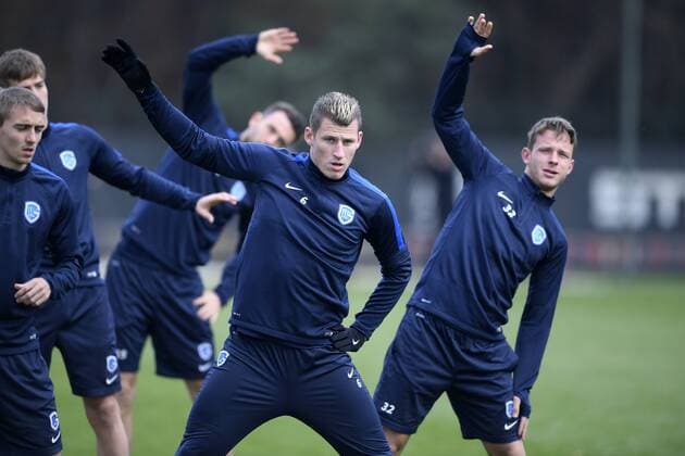 Genk s Sebastien Dewaest and Genk s Christophe Janssens pictured during a training session of Belgian soccer team RC Genk, Wednesday 23 November 2016, in Genk. Tomorrow Genk is playing the fifth game of the group stage of the Europa League competition against Austrian team Rapid Wien, in the group F. YORICKxJANSENS  x04980929x