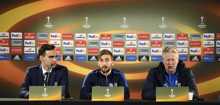 Genk s press officer Willem Boogaerts, Genk s Tino-Sven Susic and Genk s head coach Peter Maes pictured during a press conference PK Pressekonferenz of Belgian soccer team RC Genk, Wednesday 23 November 2016, in Genk. Tomorrow Genk is playing the fifth game of the group stage of the Europa League competition against Austrian team Rapid Wien in the group F. YORICKxJANSENS  x04981158x