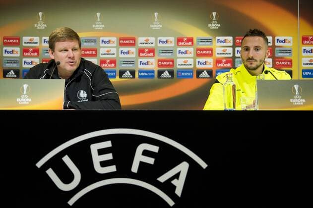 Fußball, EL, PK KAA Gent Gent s head coach Hein Vanhaezebrouck and Gent s Danijel Milicevic pictured during a press conference PK Pressekonferenz of Belgian soccer team KAA Gent, Wednesday 23 November 2016, in Gent. Tomorrow Gent is playing the fifth game of the group stage of the Europa League competition against Portuguese team SC Braga, in the group H. JASPERxJACOBS  x04981200x