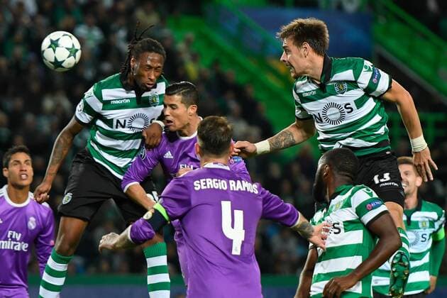 UEFA Champions League Portugal, Lisbon,Nov 22,2016 - SPORTING-REAL MADRID - Ruben Semedo (L), Cristiano Ronaldo (C) and Sebastian Coates (R) in action during UEFA Champions League football match between Sporting and Real Madrid, in Lisbon, Portugal.  Copyright: BrunoxdexCarvalho
