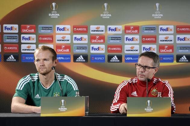 Rapid s Mario Sonnleitner and Rapid s head coach Damir Canadi pictured during a press conference PK Pressekonferenz of Austrian team Rapid Wien, Wednesday 23 November 2016, in Genk. Tomorrow Genk is playing the fifth game of the group stage of the Europa League competition against Belgian soccer team RC Genk, in the group F. YORICKxJANSENS  x04981671x