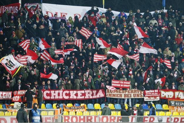 ROSTOV-ON-DON, RUSSIA - NOVEMBER 23, 2016: FC Bayern Munichâ€™s fans cheering in the stands at their 2016 17 UEFA Champions League Group D Round 5 football match against FC Rostov at the Olimp-2 Stadium. Valery Matytsin TASS  TS0389BF