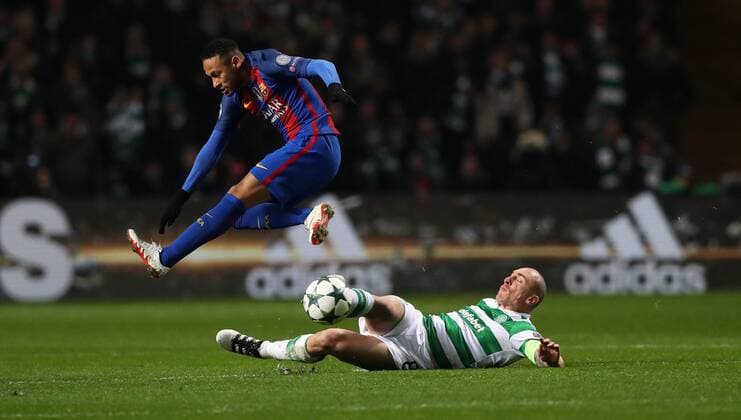 Scott Brown of Celtic tackles Neymar of Barcelona during the Champions League match at Celtic Park, Glasgow. Picture Date: 23rd November 2016. Pic taken by Lynne Cameron Sportimage EDITORIAL USE ONLY. No use with unauthorised audio, video, data, fixture lists, club league logos or live services. Online in-match use limited to 120 images, no video emulation. No use in betting, games or single club league player publications.