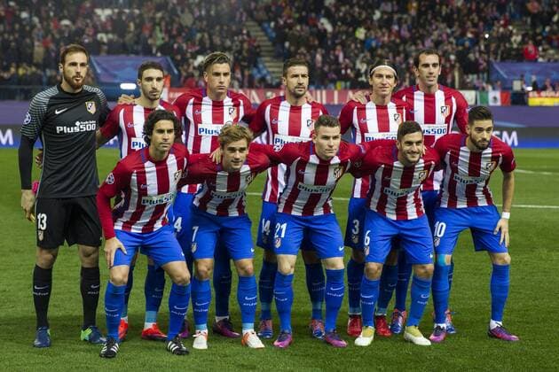 Atletico de Madrid s Jan Oblak, Diego Godin, Filipe Luis, Tiago Mendes Koke Resurrecccion, Antoine Griezmann, Yannick Ferreira Carrasco, Gabi Fernandez, Vrsaljko, Kevin Gameiro, Jose Maria Gimenez during the Champions League match between Atletico de Madrid and PSV Eindhoven at Vicente Calderon Stadium in Madrid , Spain. November 23, 2016. (20161123016)