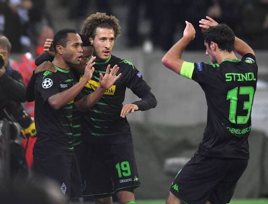 23.11.2016, Fussball UEFA Champions League 2016 17, Vorrunde, 5. Spieltag, Borussia Moenchengladbach - Manchester City, Jubel (v.li.) Raffael (Borussia Moenchengladbach), Ibrahima Traore (Borussia Moenchengladbach), Fabian Johnson (Borussia Moenchengladbach), Lars Stindl (Borussia Moenchengladbach)