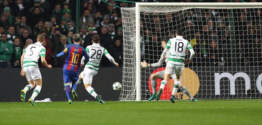 Lionel Messi of Barcelona scores during the Champions League match at Celtic Park, Glasgow. Picture Date: 23rd November 2016. Pic taken by Lynne Cameron Sportimage EDITORIAL USE ONLY. No use with unauthorised audio, video, data, fixture lists, club league logos or live services. Online in-match use limited to 120 images, no video emulation. No use in betting, games or single club league player publications.