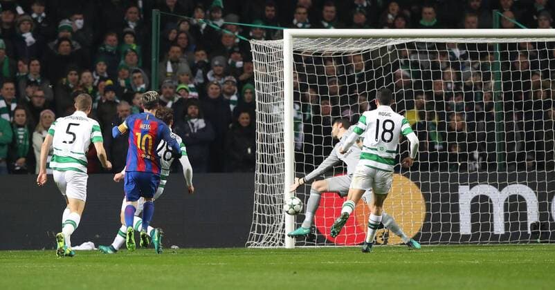 Lionel Messi of Barcelona scores during the Champions League match at Celtic Park, Glasgow. Picture Date: 23rd November 2016. Pic taken by Lynne Cameron Sportimage EDITORIAL USE ONLY. No use with unauthorised audio, video, data, fixture lists, club league logos or live services. Online in-match use limited to 120 images, no video emulation. No use in betting, games or single club league player publications.