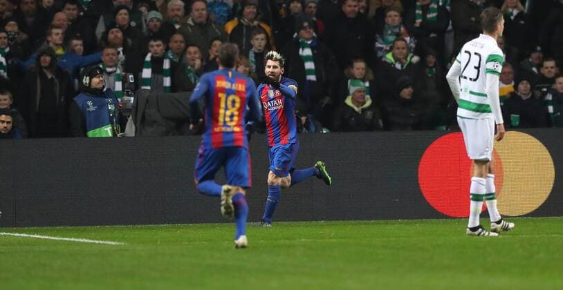 Lionel Messi of Barcelona scores during the Champions League match at Celtic Park, Glasgow. Picture Date: 23rd November 2016. Pic taken by Lynne Cameron Sportimage EDITORIAL USE ONLY. No use with unauthorised audio, video, data, fixture lists, club league logos or live services. Online in-match use limited to 120 images, no video emulation. No use in betting, games or single club league player publications.