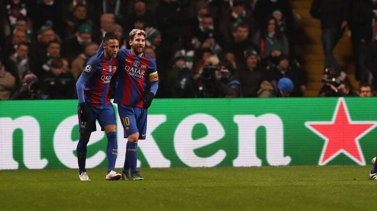 Lionel Messi of Barcelona celebrates with Neymar of Barcelona during the Champions League match at Celtic Park, Glasgow. Picture Date: 23rd November 2016. Pic taken by Lynne Cameron Sportimage EDITORIAL USE ONLY. No use with unauthorised audio, video, data, fixture lists, club league logos or live services. Online in-match use limited to 120 images, no video emulation. No use in betting, games or single club league player publications.