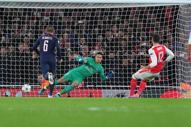 Football - 2016 2017 UEFA Champions League - Group A: Arsenal vs. Paris Saint-Germain Olivier Giroud of Arsenal scores from the penalty spot past goalkeeperAlphonse Areola at The Emirates. COLORSPORT ANDREW COWIE 