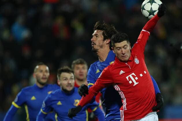 November 23, 2016 - Rostov-On-Don, Russia - Robert Lewandowski (R) of FC Bayern Munich vie for the ball during the UEFA Champions League Group D football match between FC Bayern Munich and FC Rostov, at Olimp 2 Stadium in Rostov-on-Don, Russia on Novemberr 23, 2016. FC Rostov v FC Bayern Muenchen - UEFA Champions League  - ZUMAn230 20161123_zaa_n230_172