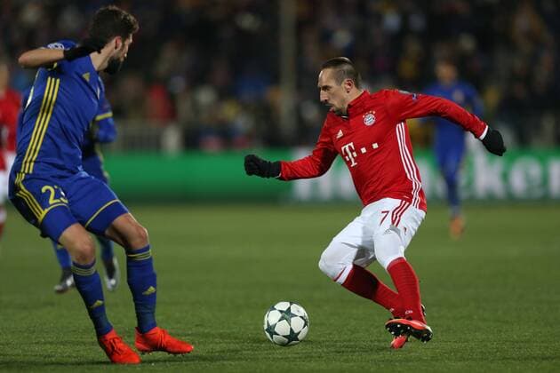 November 23, 2016 - Rostov-On-Don, Russia - Miha Mevlja (L) of FC Rostov and Franck RiboÂ©ry of FC Bayern Munich vie for the ball during the UEFA Champions League Group D football match between FC Bayern Munich and FC Rostov, at Olimp 2 Stadium in Rostov-on-Don, Russia on Novemberr 23, 2016. FC Rostov v FC Bayern Muenchen - UEFA Champions League  - ZUMAn230 20161123_zaa_n230_167