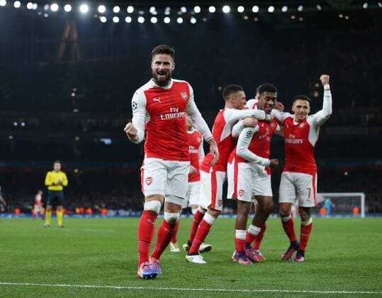 Arsenal s Olivier Giroud celebrates his sides second goal during the Champions League group A match at the Emirates Stadium, London. Picture date November 23rd, 2016 Pic David Klein Sportimage EDITORIAL USE ONLY. No use with unauthorised audio, video, data, fixture lists, club league logos or live services. Online in-match use limited to 120 images, no video emulation. No use in betting, games or single club league player publications.