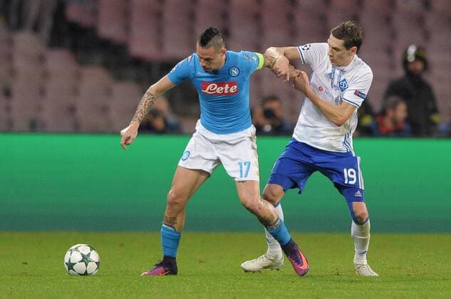 November 23, 2016 - Rome, Italy - Denys Harmash of Dynamo Kyiv challenges Marek Hamsik of Napoli during the UEFA Champions League group B match between Napoli and Dynamo Kyiv at Stadio San Paolo, Naples, Italy on 23 November 2016. Napoli v Dynamo Kyiv - UEFA Champions League  - ZUMAn230 20161123_zaa_n230_183