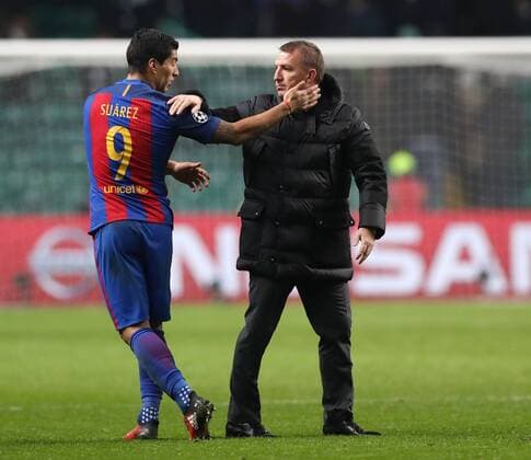 Luis Suarez of Barcelona and Celtic manager Brendan Rogers after the Champions League match at Celtic Park, Glasgow. Picture Date: 23rd November 2016. Pic taken by Lynne Cameron Sportimage EDITORIAL USE ONLY. No use with unauthorised audio, video, data, fixture lists, club league logos or live services. Online in-match use limited to 120 images, no video emulation. No use in betting, games or single club league player publications.