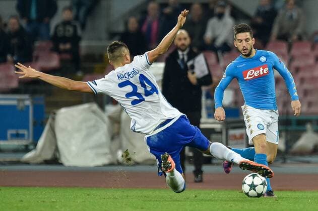 November 23, 2016 - Rome, Italy - Dries Mertens of Napoli is challenged by Yevhen Khacheridi of Dynamo Kyiv during the UEFA Champions League group B match between Napoli and Dynamo Kyiv at Stadio San Paolo, Naples, Italy on 23 November 2016. Napoli v Dynamo Kyiv - UEFA Champions League  - ZUMAn230 20161123_zaa_n230_225