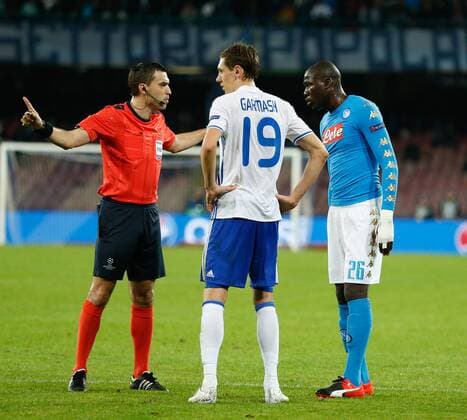November 23, 2016 - Naples, Italy - Kalidou Koulibaly (R) of SSC Napoli reacts during the Champions League match between SSC Napoli and Dinamo Kiev at San Paolo Stadium, in Naples, Italy on Nov 23, 2016. SSC Napoli v FC Dynamo Kyiv - UEFA Champions League  - ZUMAn230 20161123_zaa_n230_236