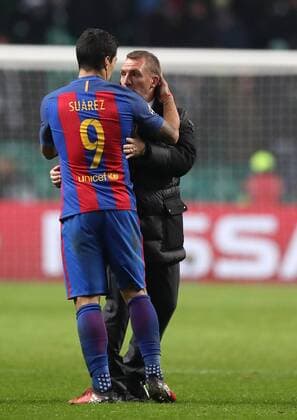 Football - 2016 2017 UEFA Champions League - Group C: Celtic vs. Barcelona Luis Suarez of Barcelona and Celtic manager Brendan Rogers, at Celtic Park. COLORSPORT 