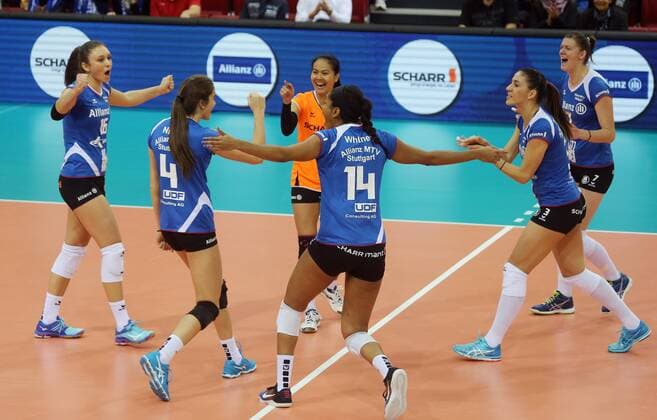 Allianz MTV Stuttgart - Rote Raben Vilsbiburg Deutschland, Stuttgart, 23.11.2016, Volleyball, 1. Bundesliga Frauen, Saison 2016 2017, Allianz MTV Stuttgart - Rote Raben Vilsbiburg: Jubel Spielerinnen Allianz MTV Stuttgart.