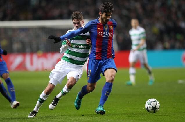 Mikael Lustig of Celtic and Andre Gomes of Barcelona during the Champions League match at Celtic Park, Glasgow. Picture Date: 23rd November 2016. Pic taken by Lynne Cameron Sportimage EDITORIAL USE ONLY. No use with unauthorised audio, video, data, fixture lists, club league logos or live services. Online in-match use limited to 120 images, no video emulation. No use in betting, games or single club league player publications.