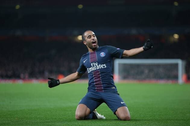 November 23, 2016 - London, England, United Kingdom - Lucas Moura of Paris Saint-Germain celebrates his goal and scores his sides equalising goal to make the score 2-2 during UEFA Champions League Group A match between Arsenal against Paris Saint-Germain at Emirates Stadium on November 23, 2016 in London, England. Arsenal FC v Paris Saint-Germain - UEFA Champions League  - ZUMAn230 20161123_zaa_n230_288