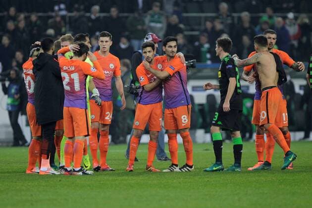 23.11.2016. Moenchengladbach, Germany. Team Manchester City celebrate their draw after the UEFA Champions League match between Borussia Monchengladbach and Manchester City at Borussia Park Stadium on 23 November 2016 in Monchengladbach xlaurent.lairysx  ActionPlus11813326