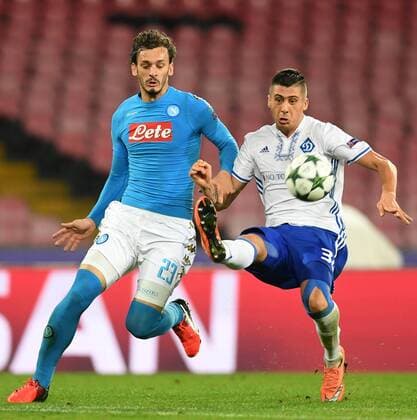 (161124) -- NAPLES, Nov. 24, 2016 -- Manolo Gabbiadini (L) of Napoli vies with Yevhen Khacheridi of Dinamo Kiev during the UEFA Champions League Group B match between Napoli and Dynamo Kiev at the San Paolo stadium in Naples on Nov. 23, 2016. The match ended with a 0-0 draw. )(wll) (SP)ITALY-NAPLES-SOCCER-UEFA CHAMPIONS LEAGUE-NAPOLI VS DINAMO KIEV AlbertoxLingria 