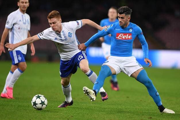 (161124) -- NAPLES, Nov. 24, 2016 -- Elseid Hysaj (R) of Napoli vies with Viktor Tsygankov of Dinamo Kiev during the UEFA Champions League Group B match between Napoli and Dynamo Kiev at the San Paolo stadium in Naples on Nov. 23, 2016. The match ended with a 0-0 draw. )(wll) (SP)ITALY-NAPLES-SOCCER-UEFA CHAMPIONS LEAGUE-NAPOLI VS DINAMO KIEV AlbertoxLingria 