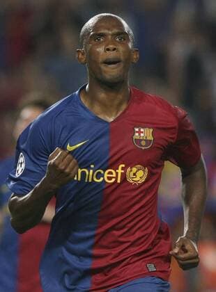 Samuel Eto o from Cameroon celebrating a goal against Sporting Clube de Portugal during the UEFA Champions League Division match between Barcelona FC and Sporting Clube de Portugal held at the Camp Nou in Barcelona, Spain.. O !ACHTUNG: NUR REDAKTIONELLE NUTZUNG!  20161124-636155946822914833