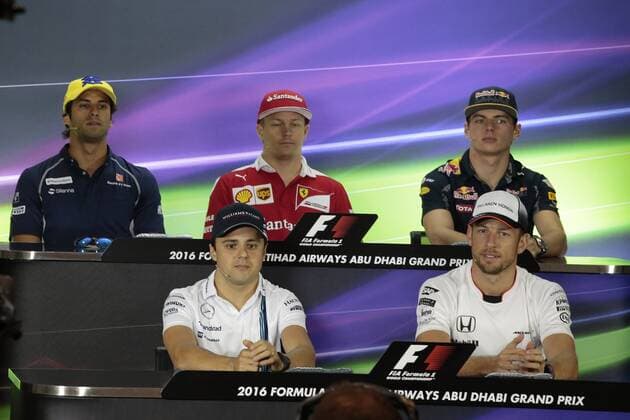 Abu Dhabi Grand Prix, UAE 24 - 27 November 2016 24.11.2016 - press conference PK Pressekonferenz Felipe Nasr (BRA) Sauber C34, Kimi Raikkonen (FIN) Scuderia Ferrari SF16-H, Max Verstappen (NED) Red Bull Racing RB12, Felipe Massa (BRA) Williams FW38 and Jenson Button (GBR) McLaren Honda MP4-31 