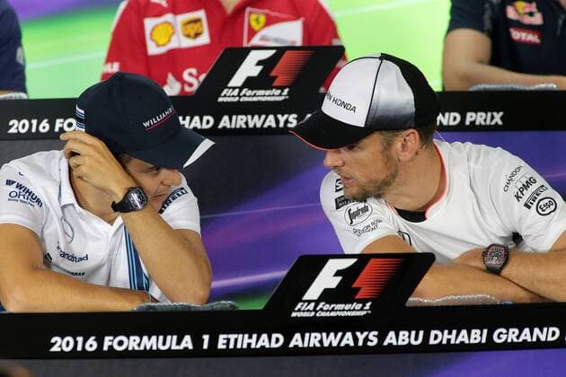 Abu Dhabi Grand Prix, UAE 24 - 27 November 2016 24.11.2016 - press conference PK Pressekonferenz Felipe Massa (BRA) Williams FW38 and Jenson Button (GBR) McLaren Honda MP4-31 