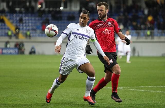 Anderlecht s Youri Tielemans and Gabala s Nika Kvekveskiri fight for the ball during a fifth game in the group stage (gruop C) of the Europa League competition between Azerbaijani team FK Qabala and Belgian team RSCA Anderlecht, Thursday 24 November 2016, in Baku, Azerbaijan. VIRGINIExLEFOUR  x04982358x