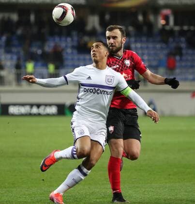 Anderlecht s Youri Tielemans and Gabala s Nika Kvekveskiri fight for the ball during a fifth game in the group stage (gruop C) of the Europa League competition between Azerbaijani team FK Qabala and Belgian team RSCA Anderlecht, Thursday 24 November 2016, in Baku, Azerbaijan. VIRGINIExLEFOUR  x04982359x