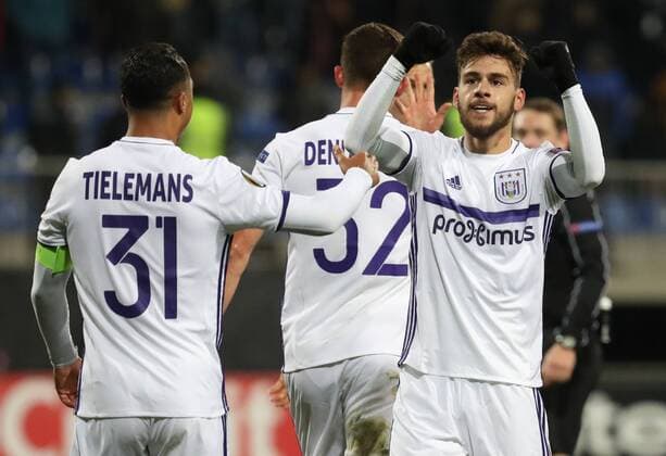 Anderlecht s Youri Tielemans and Anderlecht s Massimo Bruno celebrates after scoring during a fifth game in the group stage (gruop C) of the Europa League competition between Azerbaijani team FK Qabala and Belgian team RSCA Anderlecht, Thursday 24 November 2016, in Baku, Azerbaijan. VIRGINIExLEFOUR  x04982422x