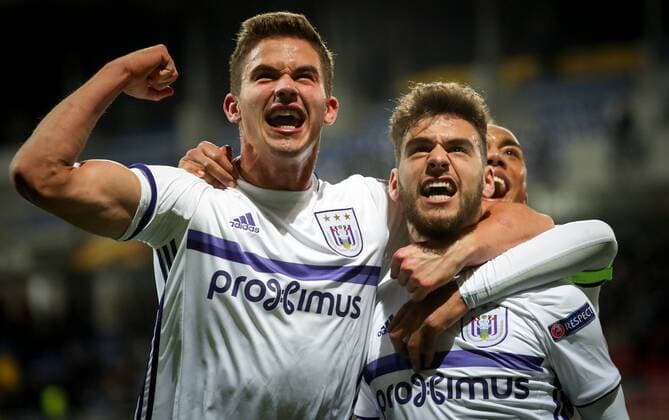 Anderlecht s Leander Dendoncker, Anderlecht s Massimo Bruno and Anderlecht s Youri Tielemans celebrate after scoring during a fifth game in the group stage (gruop C) of the Europa League competition between Azerbaijani team FK Qabala and Belgian team RSCA Anderlecht, Thursday 24 November 2016, in Baku, Azerbaijan. VIRGINIExLEFOUR  x04982419x