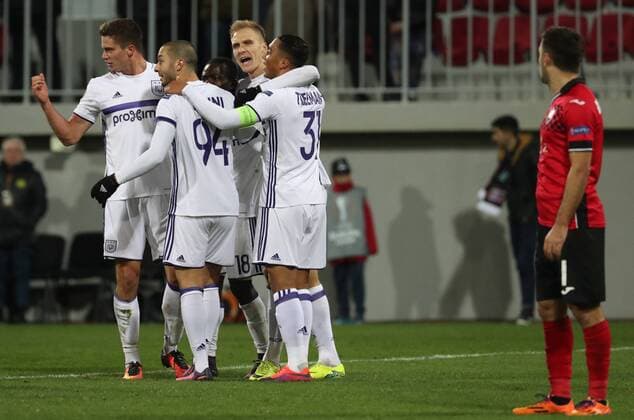 Anderlecht s Lukasz Teodorczyk celebrates after scoring during a fifth game in the group stage (gruop C) of the Europa League competition between Azerbaijani team FK Qabala and Belgian team RSCA Anderlecht, Thursday 24 November 2016, in Baku, Azerbaijan. VIRGINIExLEFOUR  x04982449x