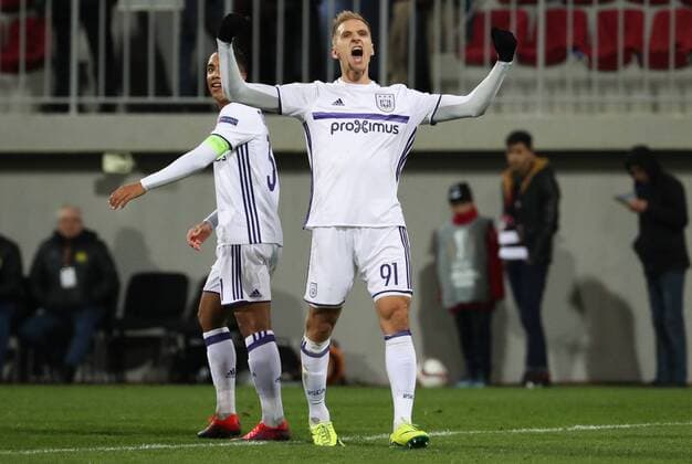 Anderlecht s Lukasz Teodorczyk celebrates after scoring during a fifth game in the group stage (gruop C) of the Europa League competition between Azerbaijani team FK Qabala and Belgian team RSCA Anderlecht, Thursday 24 November 2016, in Baku, Azerbaijan. VIRGINIExLEFOUR  x04982443x