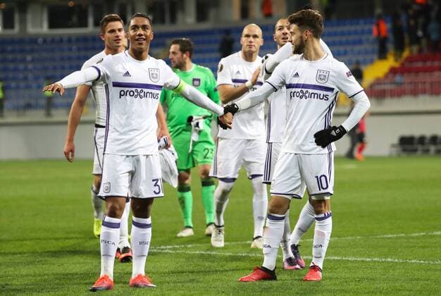 Anderlecht s Youri Tielemans and Anderlecht s Massimo Bruno celebrate after winning a fifth game in the group stage (gruop C) of the Europa League competition between Azerbaijani team FK Qabala and Belgian team RSCA Anderlecht, Thursday 24 November 2016, in Baku, Azerbaijan. VIRGINIExLEFOUR  x04982430x