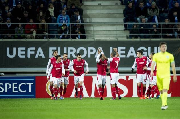 Braga s players celebrate after scoring during a fifth game in the group stage (group H) of the Europa League competition between Belgian soccer team KAA Gent and Portugese team SC Braga, Thursday 24 November 2016, in Gent. JASPERxJACOBS  x04982481x