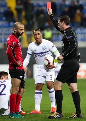 Gabala s Rashad Eyubov receives a red card from the referee during a fifth game in the group stage (gruop C) of the Europa League competition between Azerbaijani team FK Qabala and Belgian team RSCA Anderlecht, Thursday 24 November 2016, in Baku, Azerbaijan. VIRGINIExLEFOUR  x04982492x