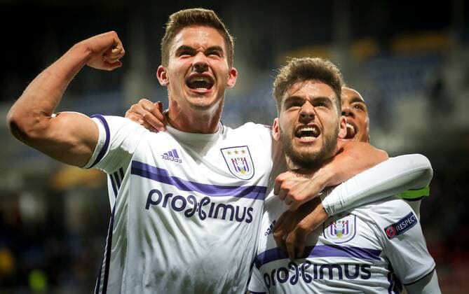 Anderlecht s Leander Dendoncker, Anderlecht s Massimo Bruno and Anderlecht s Youri Tielemans celebrate after scoring during a fifth game in the group stage (gruop C) of the Europa League competition between Azerbaijani team FK Qabala and Belgian team RSCA Anderlecht, Thursday 24 November 2016, in Baku, Azerbaijan. VIRGINIExLEFOUR  x04982496x