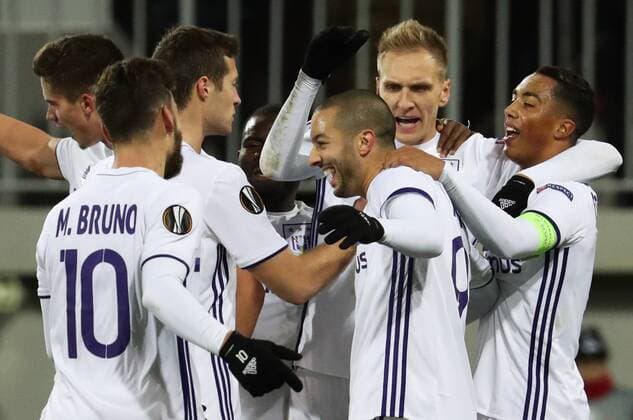 Anderlecht s Massimo Bruno, Anderlecht s Sofiane Hanni, Anderlecht s Lukasz Teodorczyk and Anderlecht s Youri Tielemans celebrate after scoring during a fifth game in the group stage (gruop C) of the Europa League competition between Azerbaijani team FK Qabala and Belgian team RSCA Anderlecht, Thursday 24 November 2016, in Baku, Azerbaijan. VIRGINIExLEFOUR  x04982497x