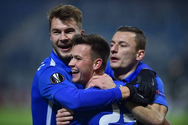 Egon Vuch of Slovan, centre, with his teammates celebrate the first goal during the European league, 5th round, FC Slovan Liberec vs FK Karabach match in Liberec, Czech Republic, on Thursday, November 24, 2016. (CTKxPhoto RadekxPetrasek) CTKPhotoP201611240882001  PER_9335