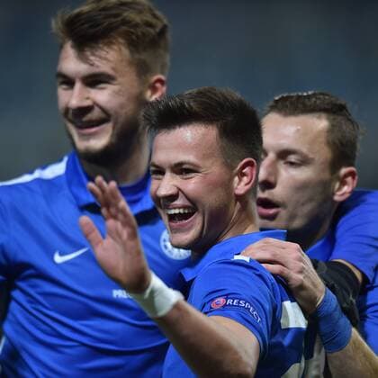 Egon Vuch of Slovan, centre, with his teammates celebrate the first goal during the European league, 5th round, FC Slovan Liberec vs FK Karabach match in Liberec, Czech Republic, on Thursday, November 24, 2016. (CTKxPhoto RadekxPetrasek) CTKPhotoP201611240884001  PER_9353
