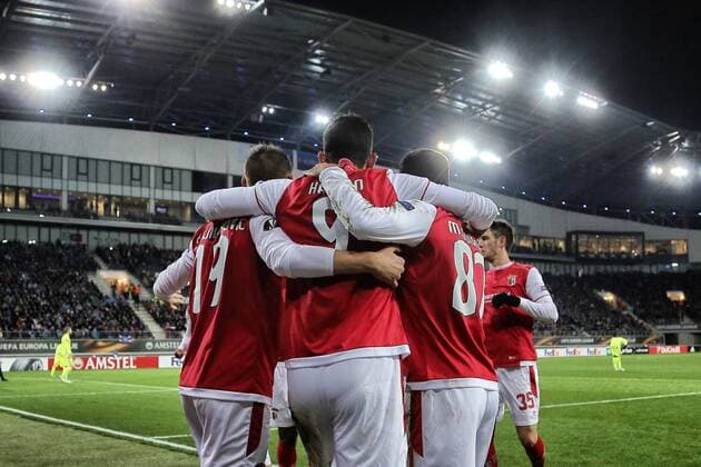 Braga s Ahmed Hassan celebrates after scoring during a fifth game in the group stage (group H) of the Europa League competition between Belgian soccer team KAA Gent and Portugese team SC Braga, Thursday 24 November 2016, in Gent. BRUNOxFAHY  x04982547x
