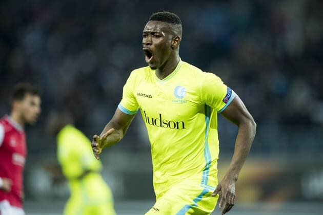 Gent s Kalifa Coulibaly celebrates after scoring during a fifth game in the group stage (group H) of the Europa League competition between Belgian soccer team KAA Gent and Portugese team SC Braga, Thursday 24 November 2016, in Gent. JASPERxJACOBS  x04982537x